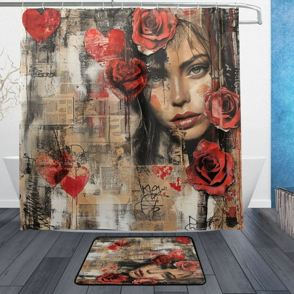 BZSMCE Shower Curtain and Bath Accessory Set,Portrait with Roses Pattern