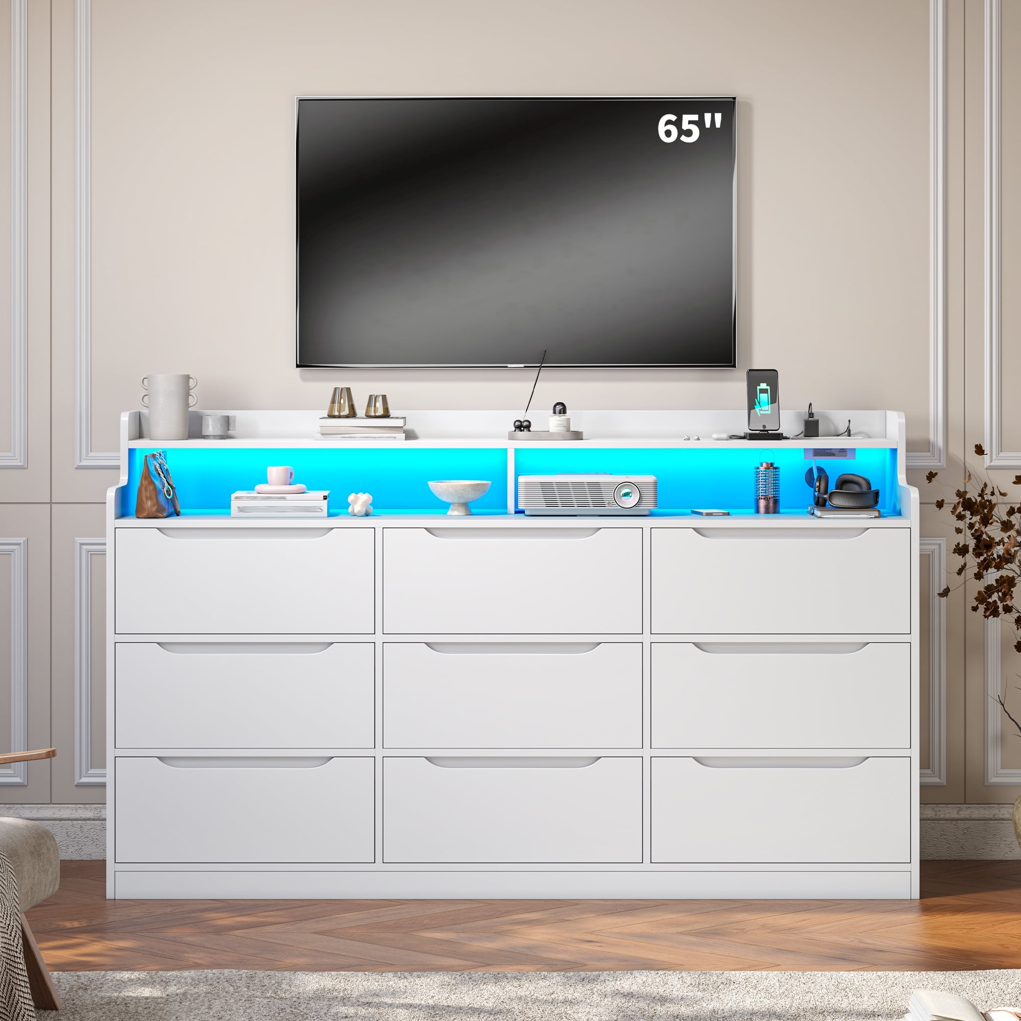 EnHomee 9 Drawer Dressers for Bedroom with LED Light,Wood Chests of Drawers with Charging Station, White