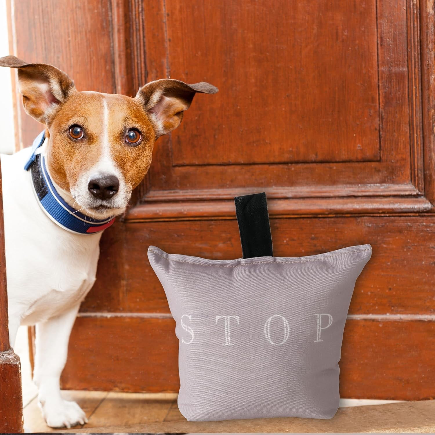 Weighted Door Stop, Pale Rosy Pink, White Letters, Polyester and Sand Filler, Loop Handle,  9 L x 4 W x 7.5 H inches, 4.5 lbs.