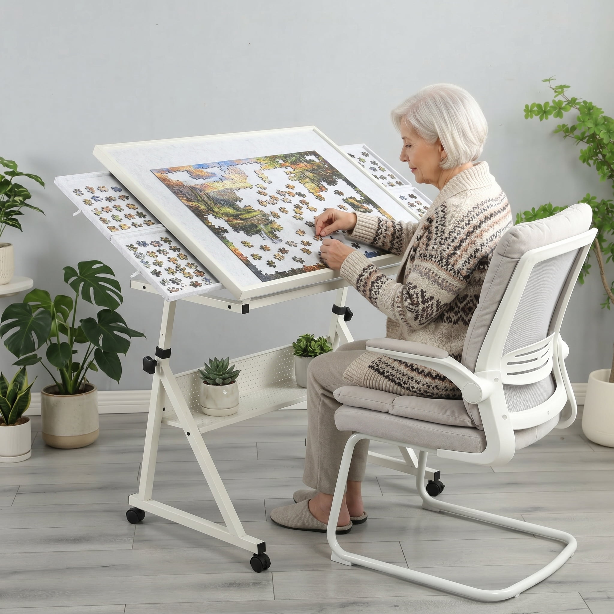Jigsaw Puzzle Table with 4 Storage Trays and Adjustable Height, Puzzle Board and Craft Table with Tiltable Surface and Wheels for 1500-Piece Puzzles, White