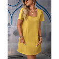 thumbnail image 6 of Ladies Solid Color Square Neck Short Sleeve Fashion Casual Pocket Dress Yellow S, 6 of 9