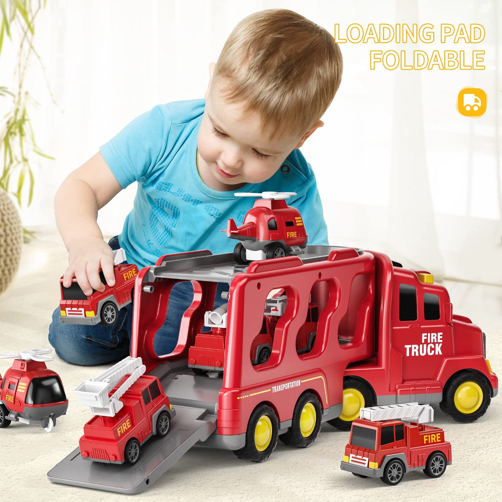 Fireman Truck Toys for 3 4 5 6 Years Old Boys Girls - 5 in 1 Carrier Truck Transport for Toddlers 1-3, Friction Power Vehicles for Kids 3-5, Christmas Birthday Gifts, Red