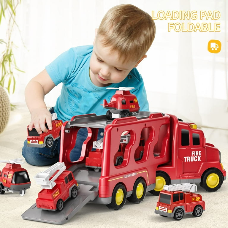 Fireman Truck Toys for 3 4 5 6 Years Old Boys Girls 5 in 1 Carrier Truck Transport for Toddlers 1 3 Friction Power Vehicles for Kids 3 5 Christmas