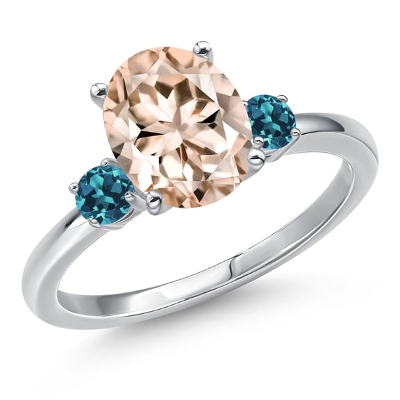 Gem Stone King 14K White Gold Peach Morganite and London Blue Topaz Engagement Ring for Women | 2.26 Cttw | Oval 10X8MM | Gemstone October Birthstone | Size 5