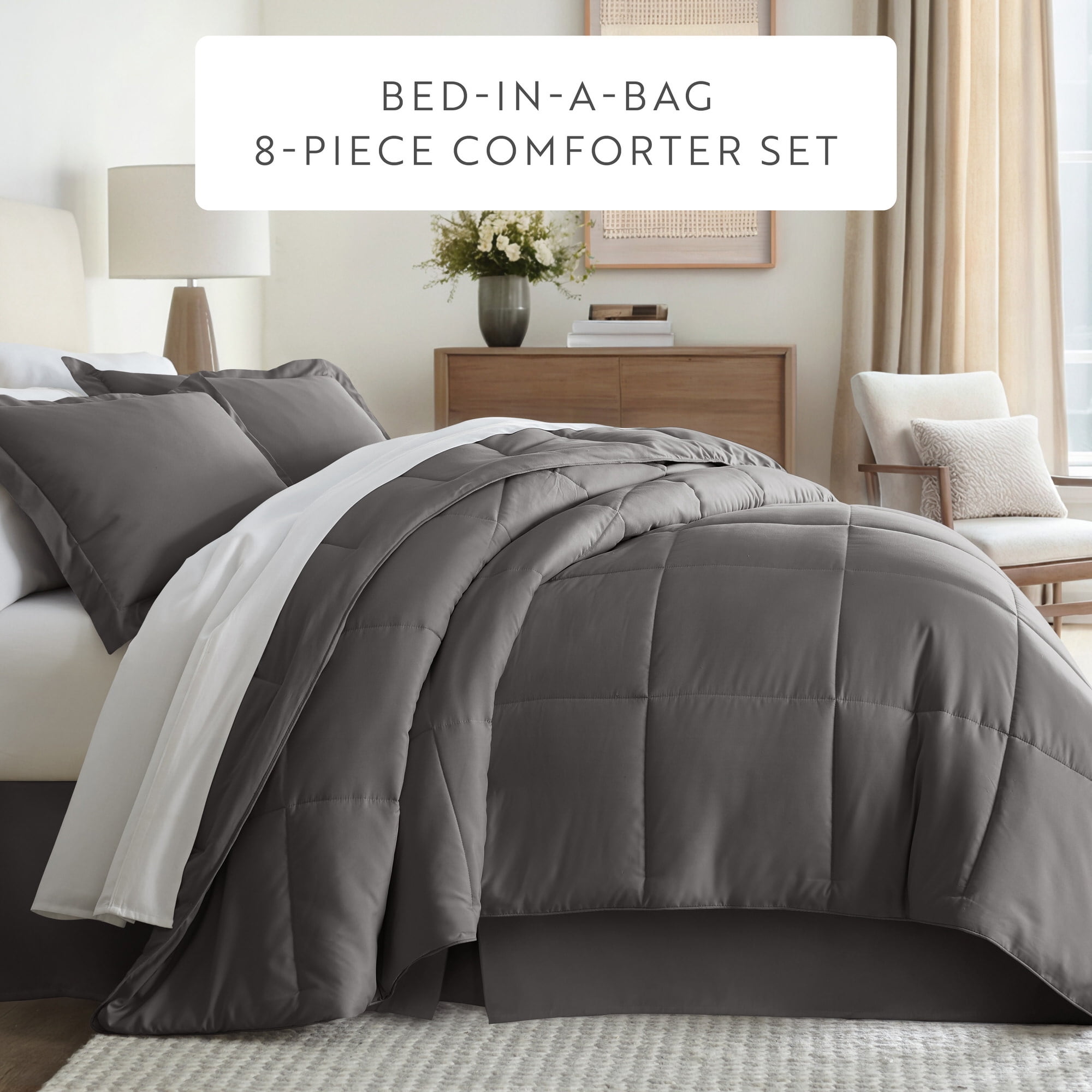 Noble Linens 8-Piece Gray Bed in a Bag Microfiber Bedding Set, Queen