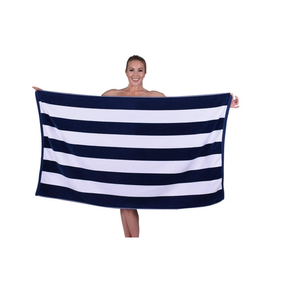 Premium Luxury Cabana Striped Velour Resort Beach Towel - Navy Blue