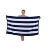 Puffy Cotton Luxury Cabana Striped Velour Resort Round Beach Towel - Navy Blue