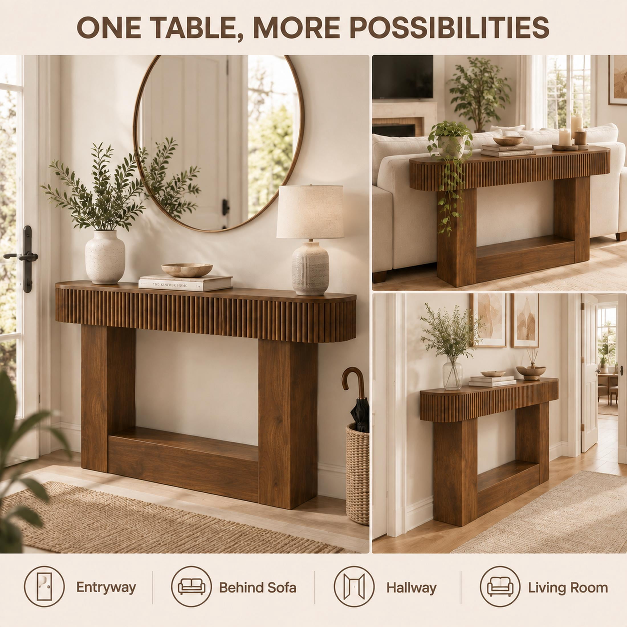 PORKISS 62.9" Console Table with Open Storage, Narrow Long Entryway Table with Rounded Edges, Fluted Sofa Table for Living Room, Hallway, Foyer, Behind Couch, Brown A