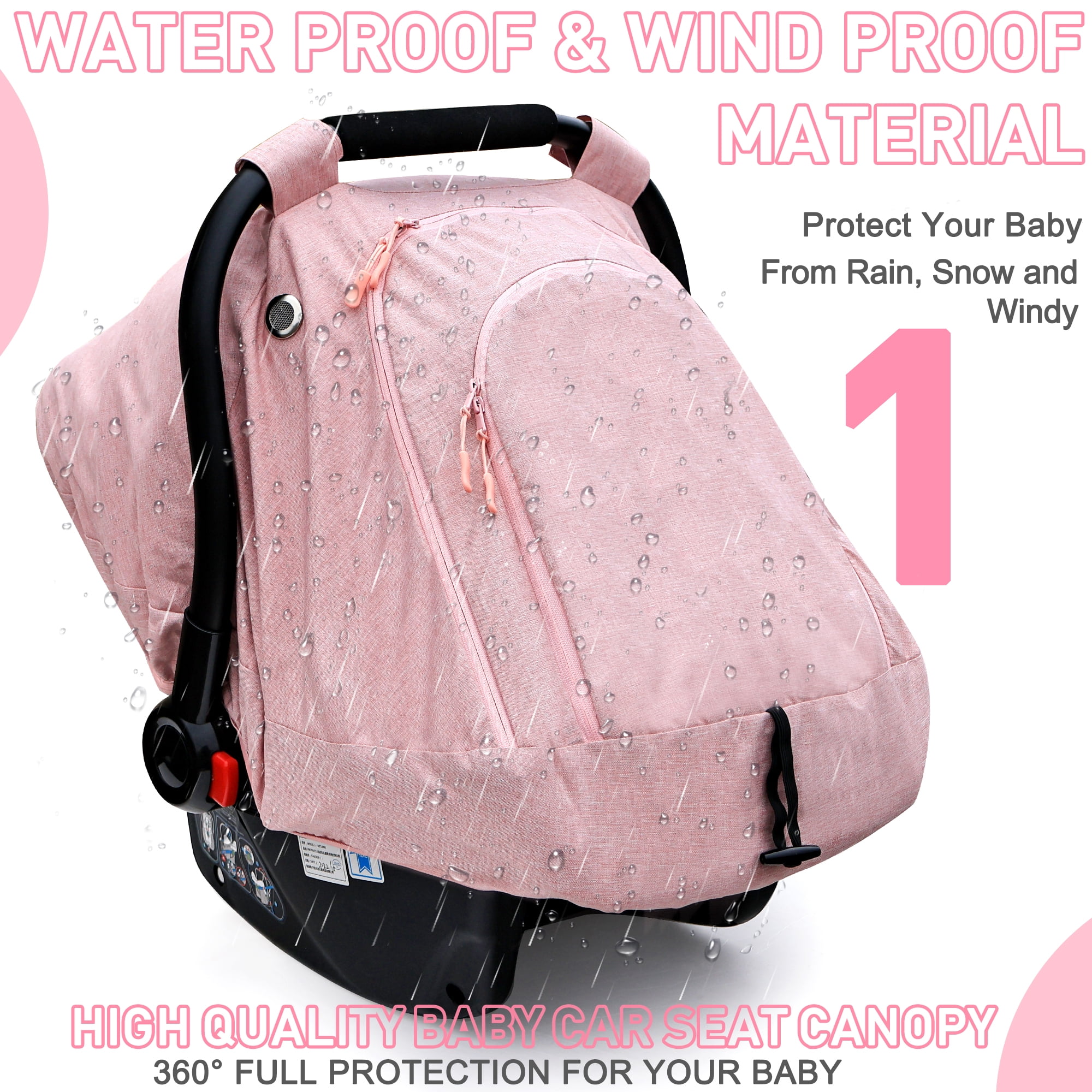 Baby Car Seat Cover for Babies,Patented Waterproof Baby Car Seat Cover for Girls,Infant Car Seat Cover Canopy for Girls,Windproof Car Seat Canopy for Boys, Keeps Babies Warm and Cozy (Pink)