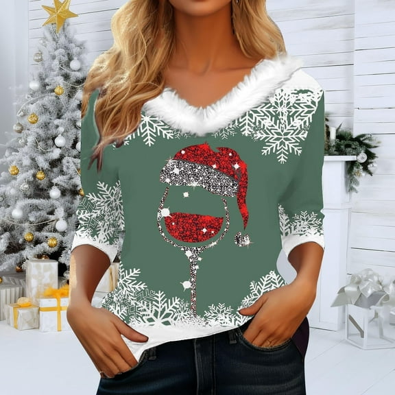Craaazy Christmas Fall Sweaters Fuzzy V Neck Long Sleeve Shirts Xmas Graphic Casual Top Gifts For Women