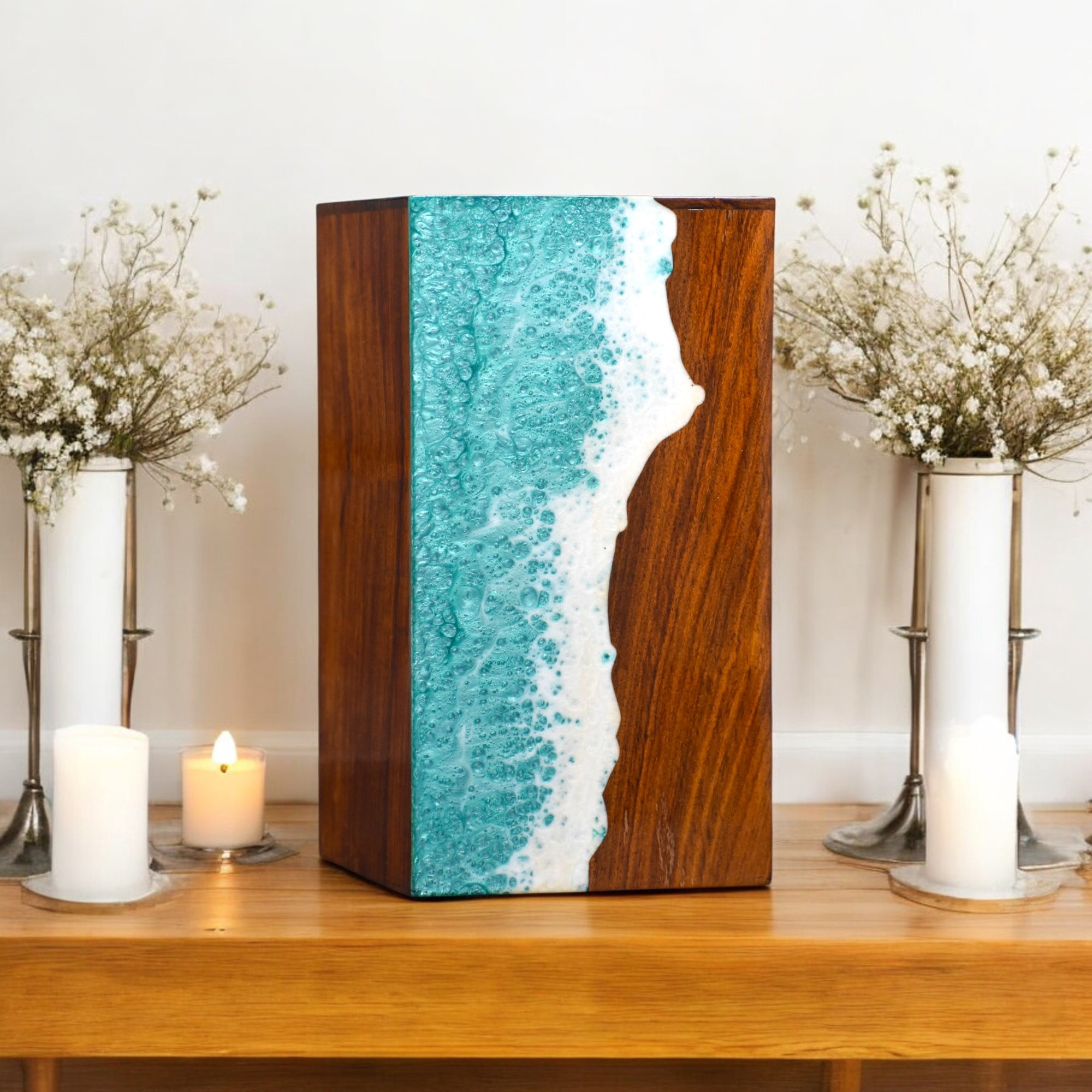 Wooden Urn for Human Ashes Adults, Men & Women - Handcrafted Urns with Ocean Resin Inlay - Unique Memorial Box for Ashes - Cremation Urns for Burial or Home Display