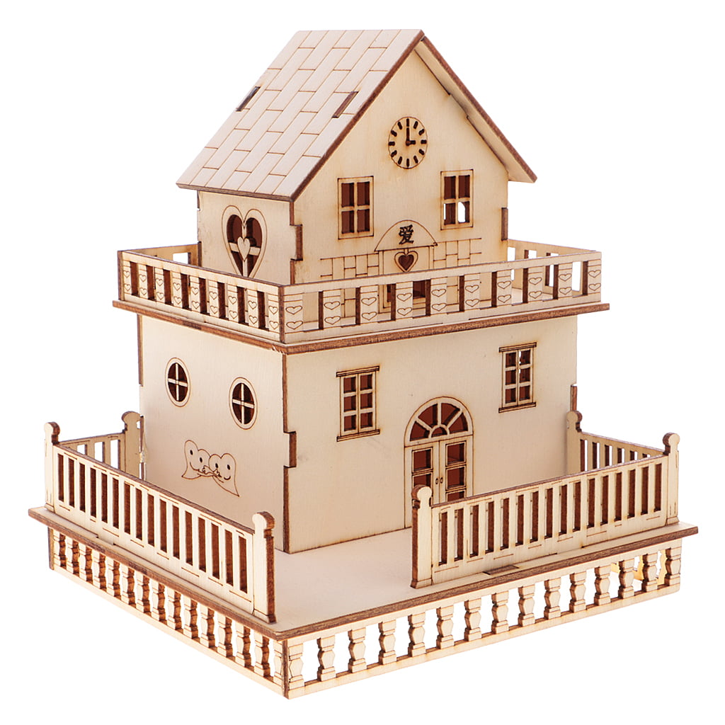 2x Wooden Doll House 3D Villa Model w/ LED Lights Craft Educational Toy Gift 