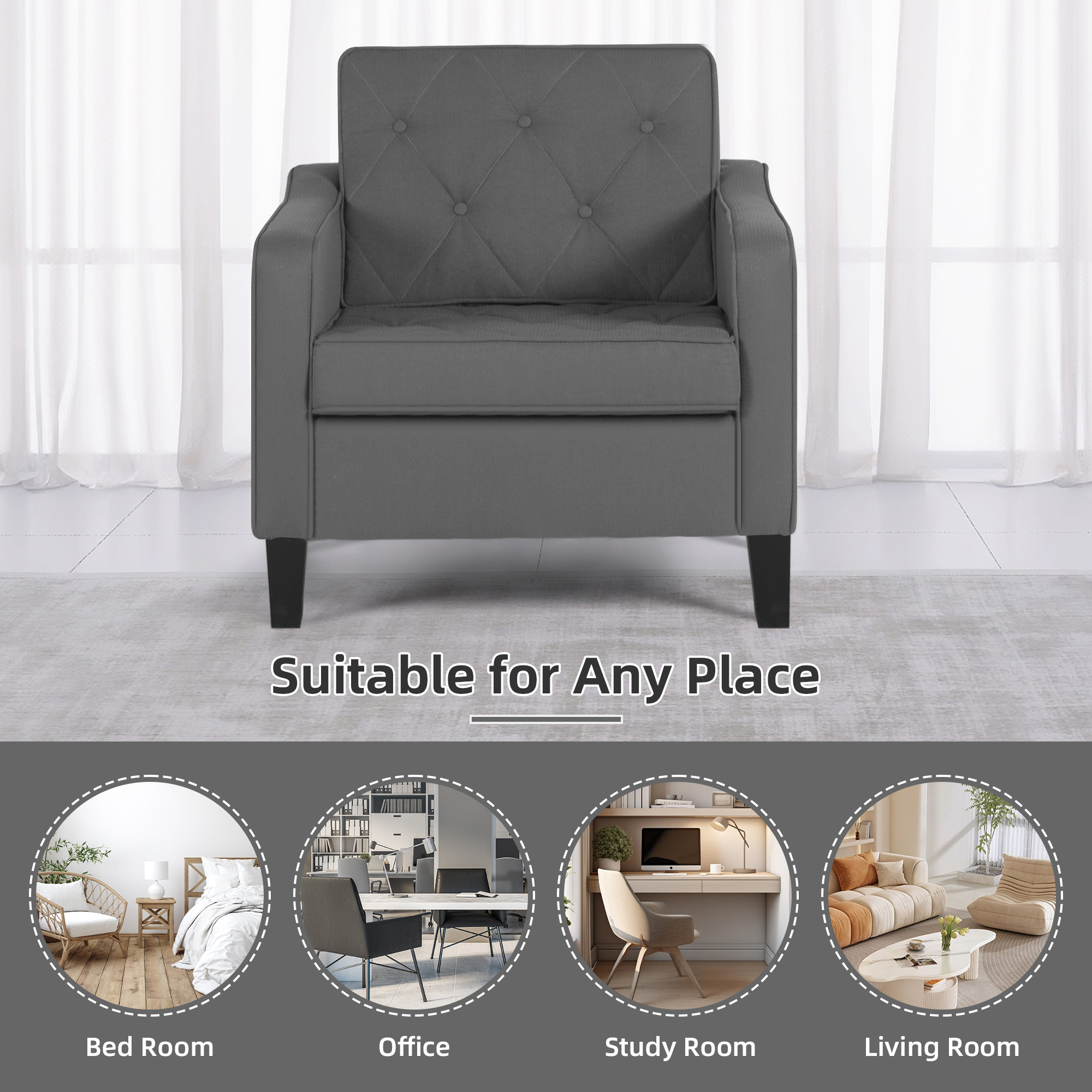 LAZZO Accent Chair, Comfy Tufted Living Room Arm Chair, Modern Upholstered Club Chair，Gray-2 Pack