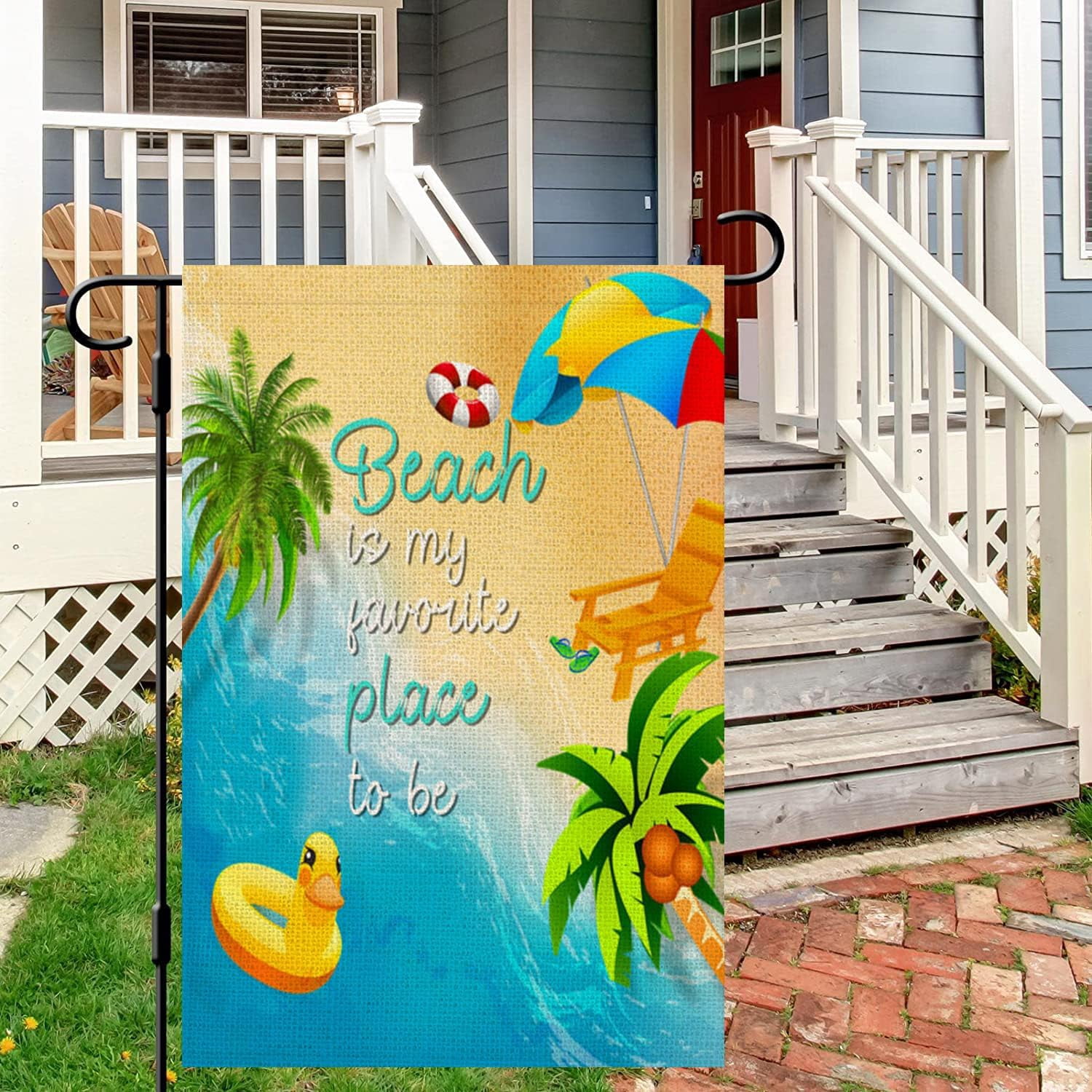 Welcome Summer Beach Decorative Garden Flag Tropical Hawaii Palm Leaves Coastal Outside Decorations Nautical Duck Swim Ring Beach Umbrella Yard Outdoor Decoration 12.5x18 Double Sided