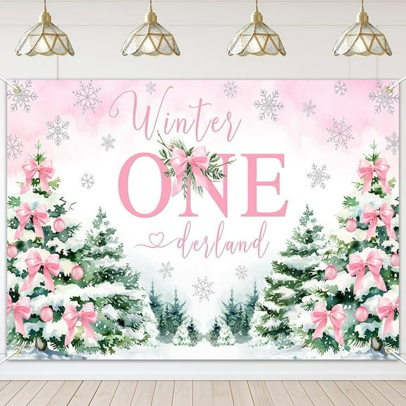 Winter Onederland Backdrop for Girls Pink Bow Silver Snowflake First Birthday Background Party Decorations Banner Photo Booth Props