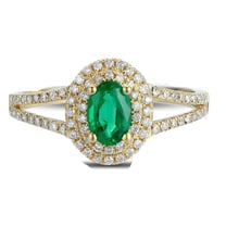 Split Shank Antique Double Halo 2.25 Carat Green Emerald 8x6mm Oval Shape Moissanite Diamond Engagement Ring in 10k Yellow Gold