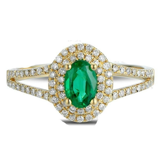 Split Shank Antique Double Halo 2.25 Carat Green Emerald 8x6mm Oval Shape Moissanite Diamond Engagement Ring in 10k Yellow Gold