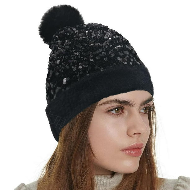 Gorro de punto de lentejuelas para mujer con pompón de piel sintética brillante Bling invierno suave cálido esquí gorras de - Negro Yinane mujer gorro de invierno