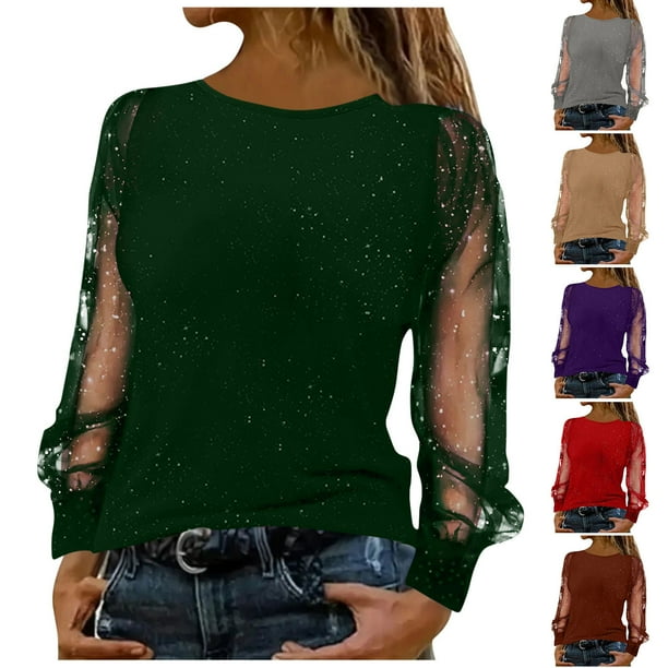 RKSTN Sequin Shirts for Women Oversized Crewneck Sparkly Glitter Mesh Long Sleeve T Shirts Tops Womens Casual Solid Plus Size Round Neck Loose Comfy Cozy Tee Blouses Party Club Night Festive Shirt