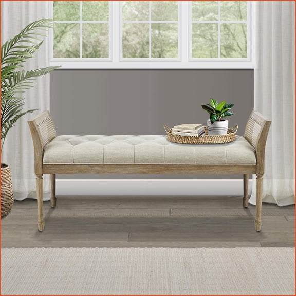 Bench, Transitional Solid Wood Accent with Tufted Cushion & Cane Sides | Reclaimed Natural | 100% Polyester