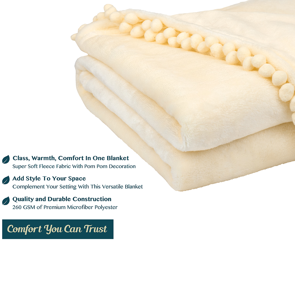 PAVILIA Fleece Throw Blanket for Couch with Pom Pom Fringe, Cream Beige, Soft Cozy Fuzzy Flannel Blanket for Sofa Bed, Lightweight Plush All Season Throw, 50x60 Inches