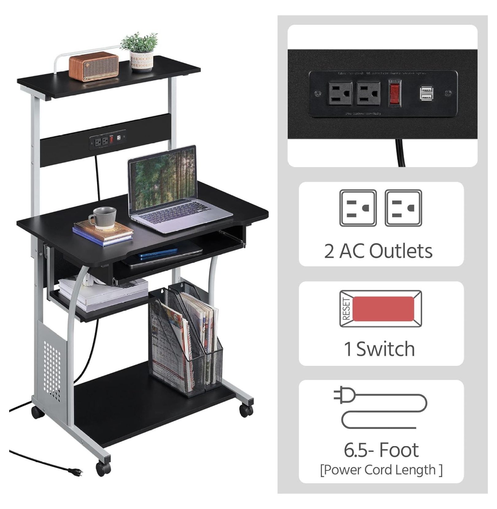 Rolling Computer Desk with Charging Station and 2 USB Ports for Small Space, Study Writing Desk with Keyboard Tray and Printer Shelf for Home Office, Compact Study Table with Wheels, Black