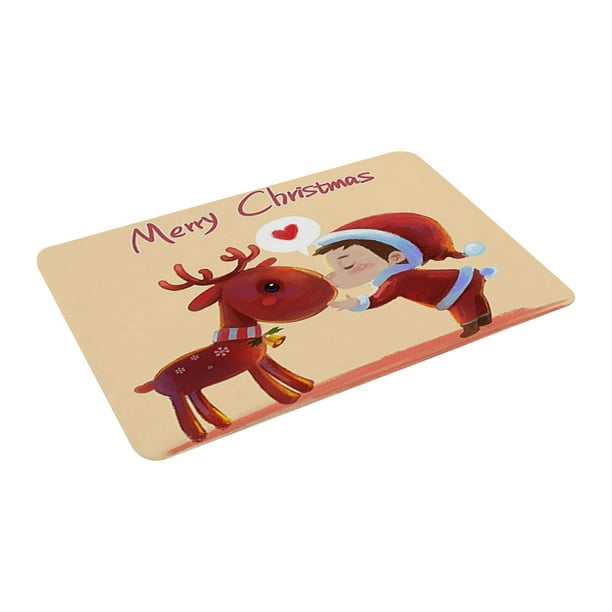 Alfombra navideña con diseño de Papá Noel y alce, antideslizante, de franela, absorbente, para puerta de entrada. G