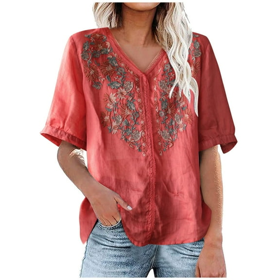 Women's Embroidered Short Sleeve V Neck T Shirts Summer 2025 Casual Vintage Tops Red,XL