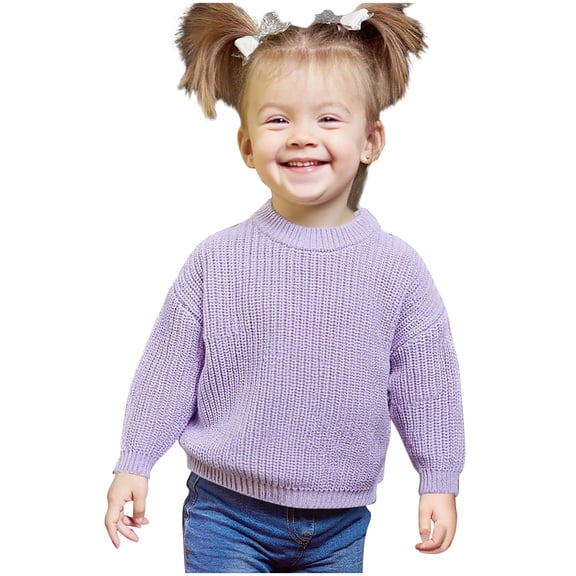 Toddler Girls Sweaters Long Sleeve Chunky Knit Basic Sweater Crewneck Kids Cotton Warm Solid Tops Purple, 6-7 Y