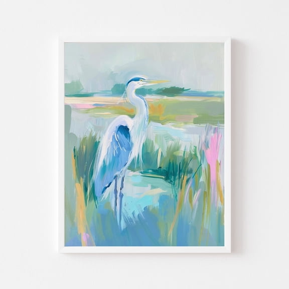 Kna Prints - Blue Heron Painting Pastel Bird Wall Print Coastal Beach House Colorful Summer Marsh Impressionist Art Wall Art Decor For Home Office-24x36 Poster Only