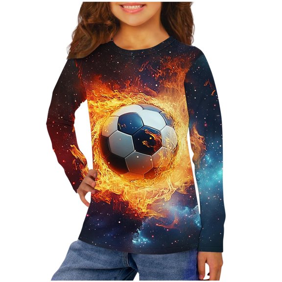 Boys Long Sleeve Soccer Print T-Shirt Round Neck, Soft Breathable Casual Pullover Top for Sports Fans, for 3-14 Years