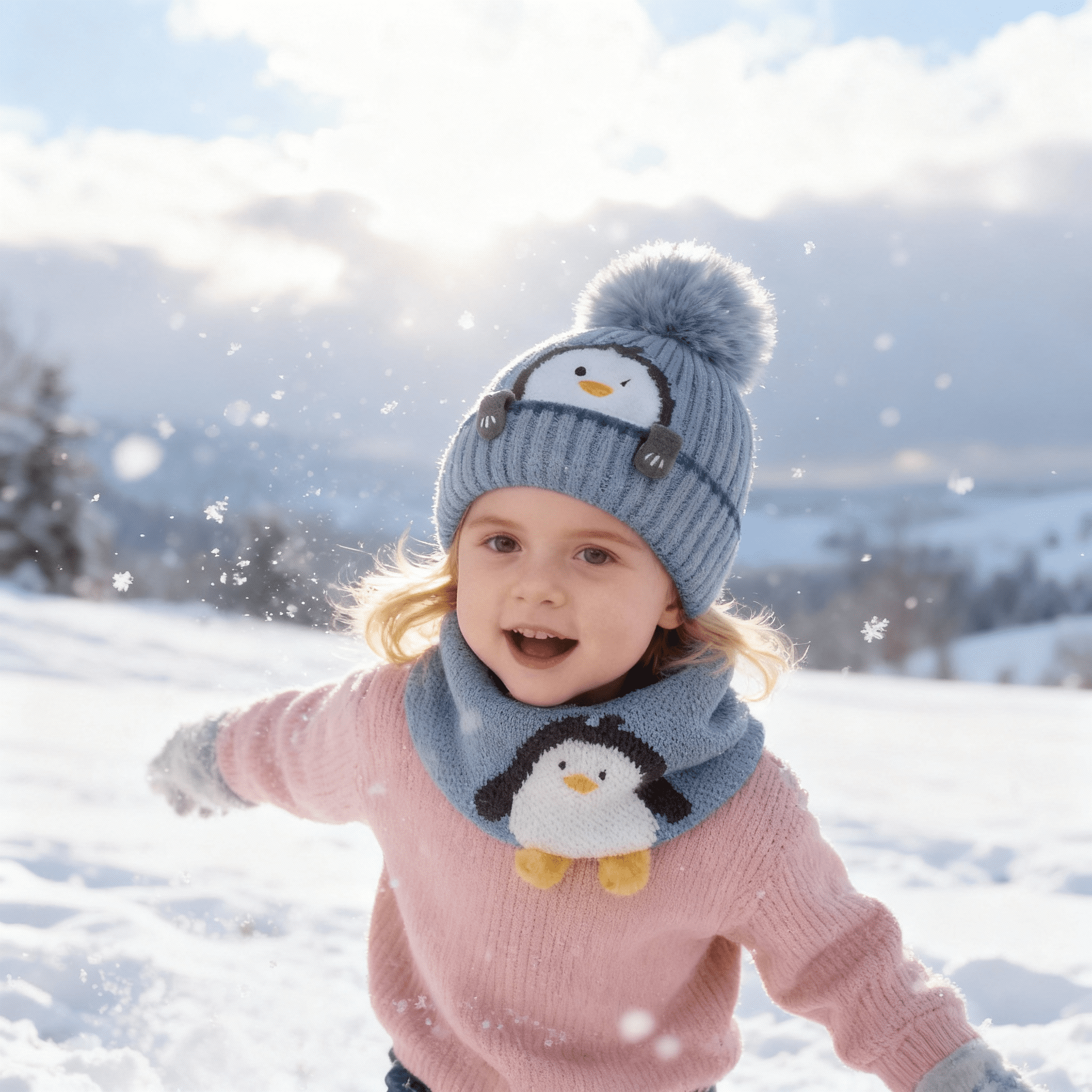 Baby Kids Winter Warm Hats, Infant Toddler Children Pom Pom Beanie Knit Cap Girls Boys-2 Piece