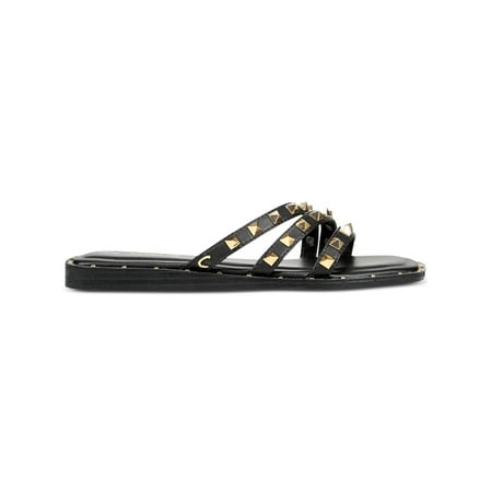 

CIRCUS NY Womens Black Studded Strappy Asymmetrical Padded Verity Square Toe Slip On Slide Sandals 8 M