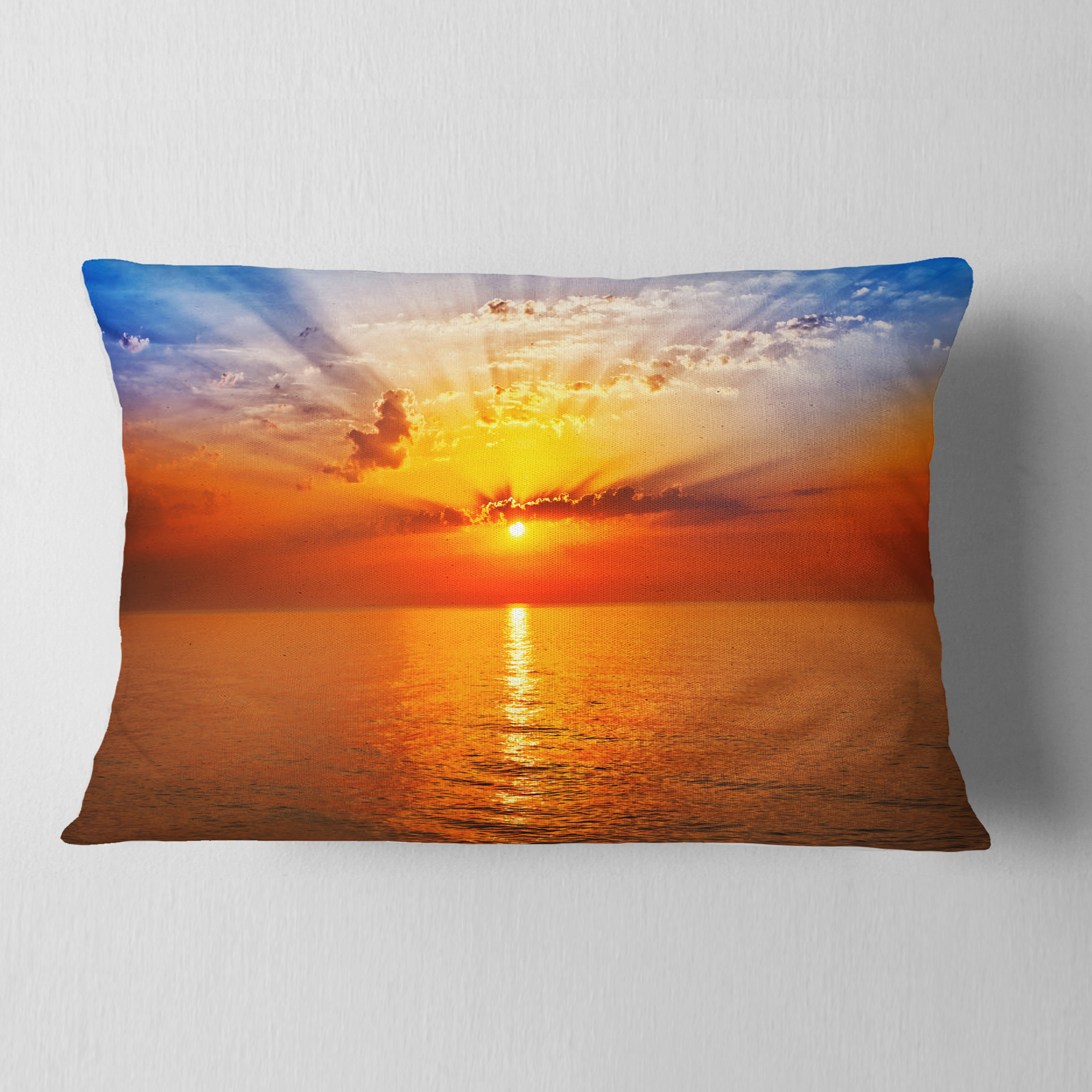 Designart Orange Sea Sunrise under Blue Sky - Seashore Throw Pillow - 12x20