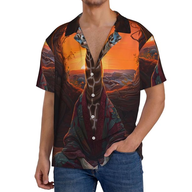 Balery Tree Hollow Meditating Giraffe Camisa Casual de Manga Corta con Botones para Hombre, Texturizada, Estilo Cubano, para Playa, Verano-XX-Large