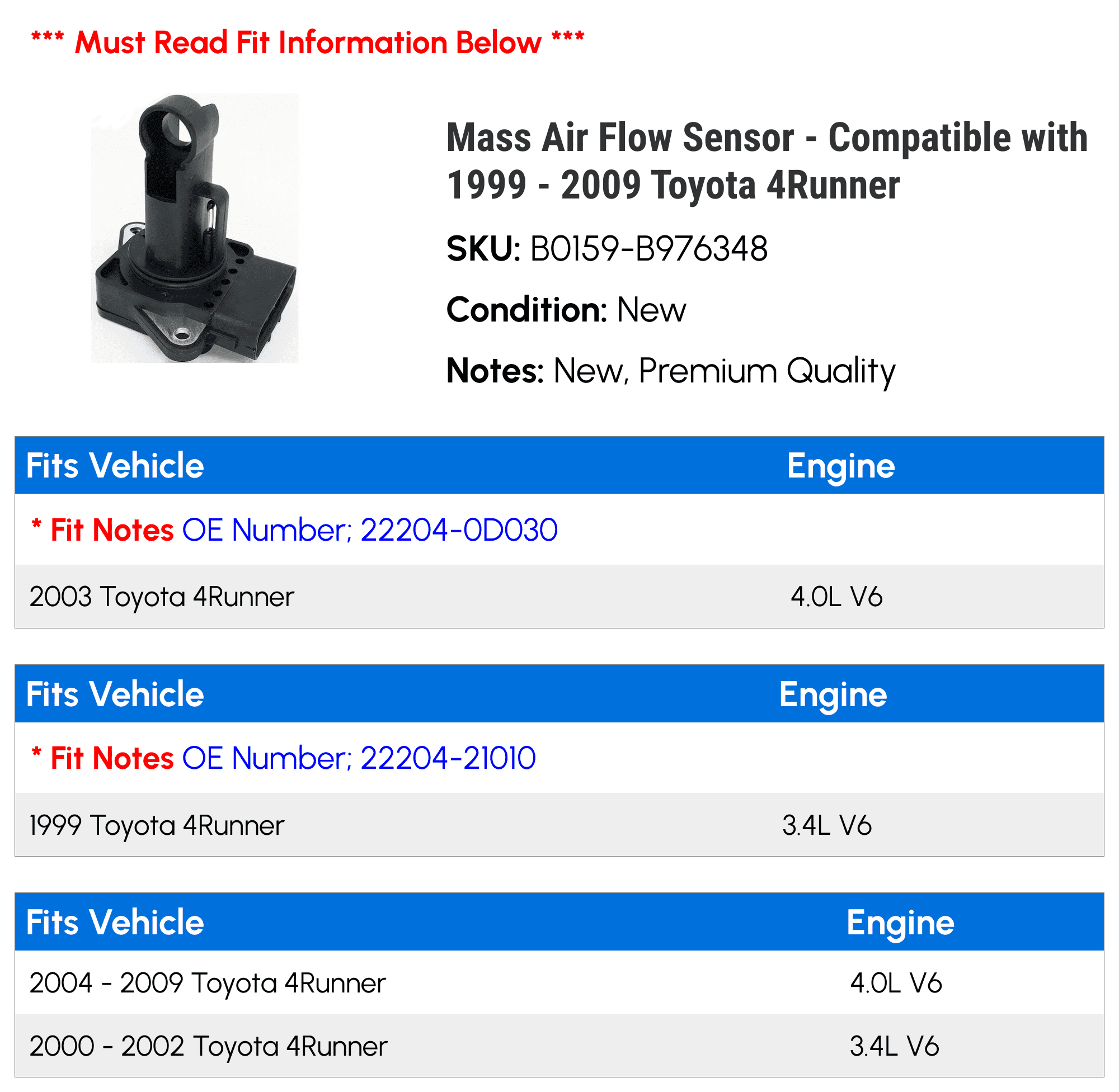 Mass Air Flow Sensor - Compatible with 1999 - 2009 Toyota 4Runner 2000 2001 2002 2003 2004 2005 2006 2007 2008