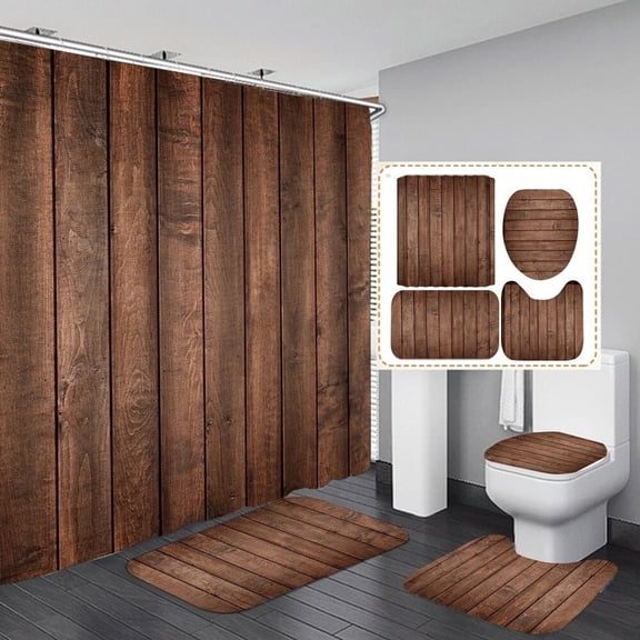 Barn Door Shower Curtain Set Non-Slip Rug Toilet Lid Cover Bath Mat Wooden Farm Vintage Abstract Antique Entry Bathroom Curtains