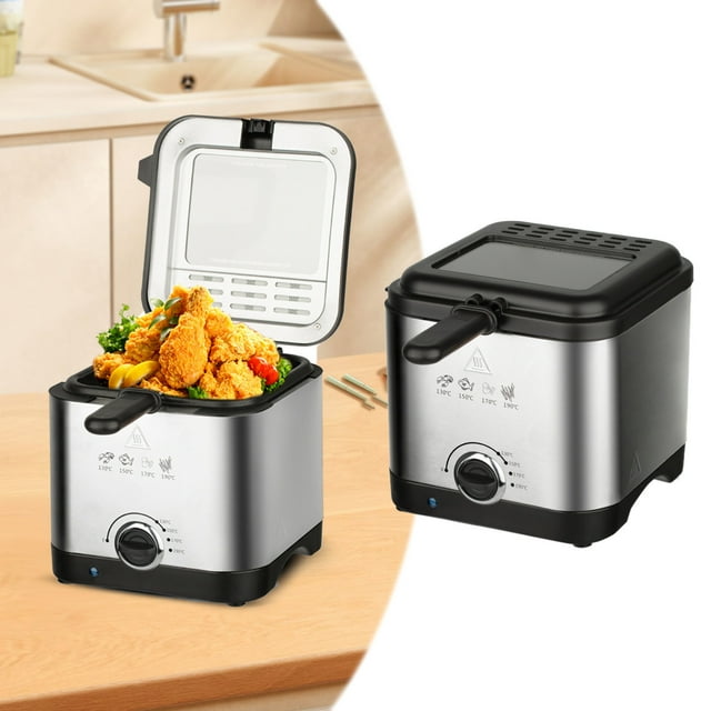 Immersion Deep Fryer Detachable Fryer Adjustable Temperature Control See Through Window Lid Odor Reducing Filter 1100W Power 1.6 Capacity (Silver)