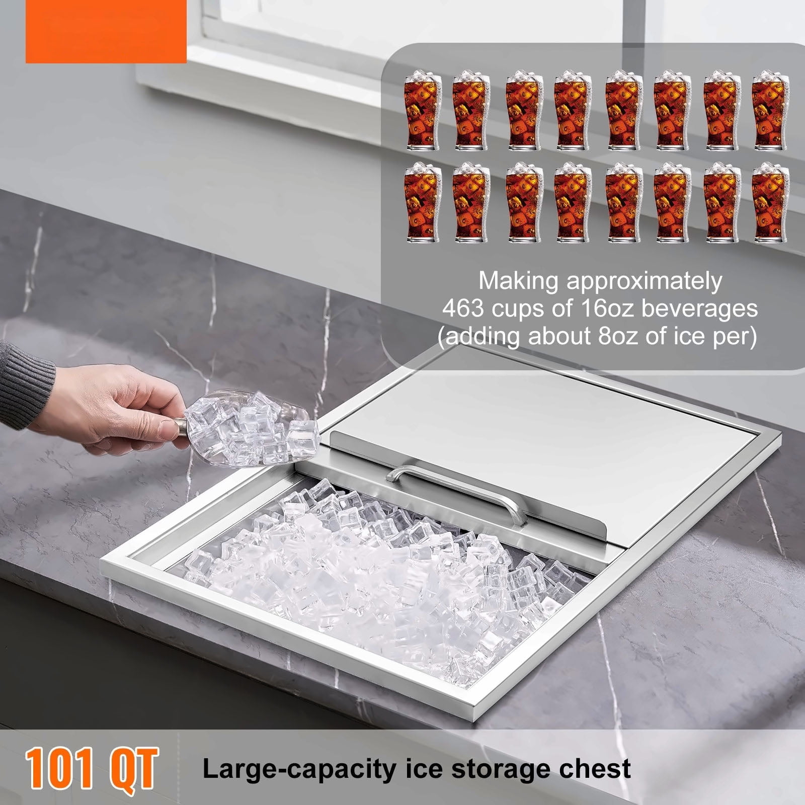 Stainless Steel Drop In Ice Chest, 40.9qt Commercial Ice Bin, 27"x18"x21", Outdoor Bar Cooler, Drain Included, Wine Beer Beverage Storage