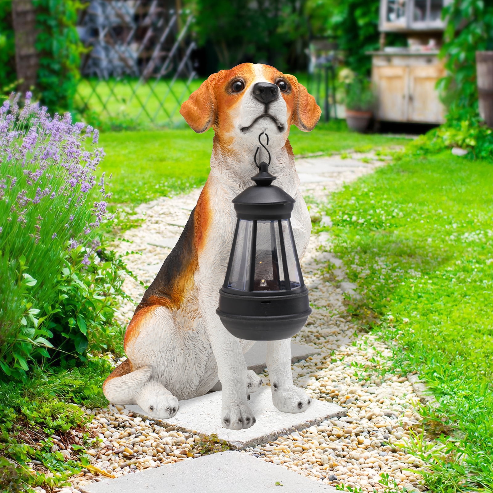 11.8 Inch Beagle Garden Statue with Solar LED Lantern,Dog Statue,Resin Pet Decor for Patio, Lawn & Outdoor Spaces