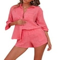 thumbnail image 2 of Femmes 2Piece Casual Outfit Set Coton Lin Bouton Chemise Taille Haute Mini Shorts Set Loungewear, 2 of 5