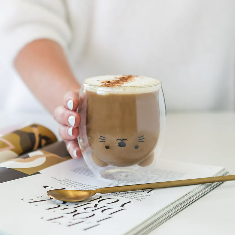 Cute Double Wall Glass Cup - Cat, Bear, Duck, Dog, Pig, Narwhal - Cute  Coffee Cup - Tea Cups - 375ml (Cat)