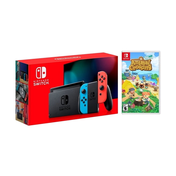 New Nintendo Switch Neon Red/Blue Joy-Con Improved Battery Life Console Bundle with Animal Crossing: New Horizons NS Game Disc - 2020 Best Game!