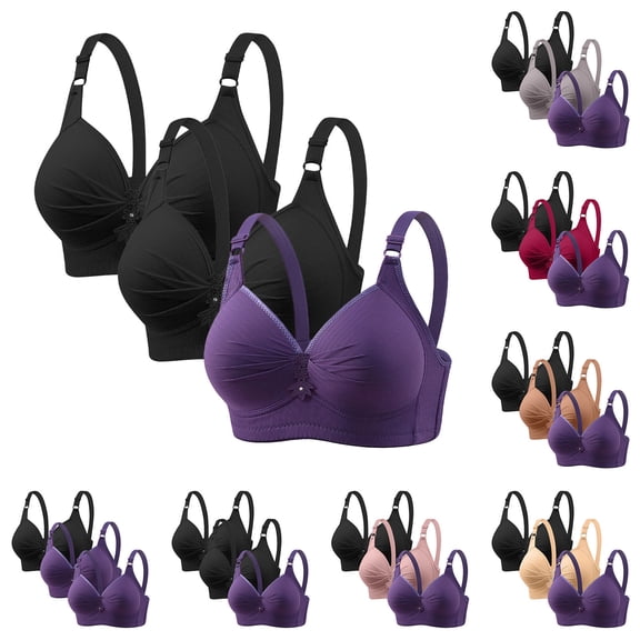 BiZtdJrK 3 Pack Fashion Bras for Women Ruched Full Coverage Push Up Bralettes Plus Size No Underwire Daily Bra Black L