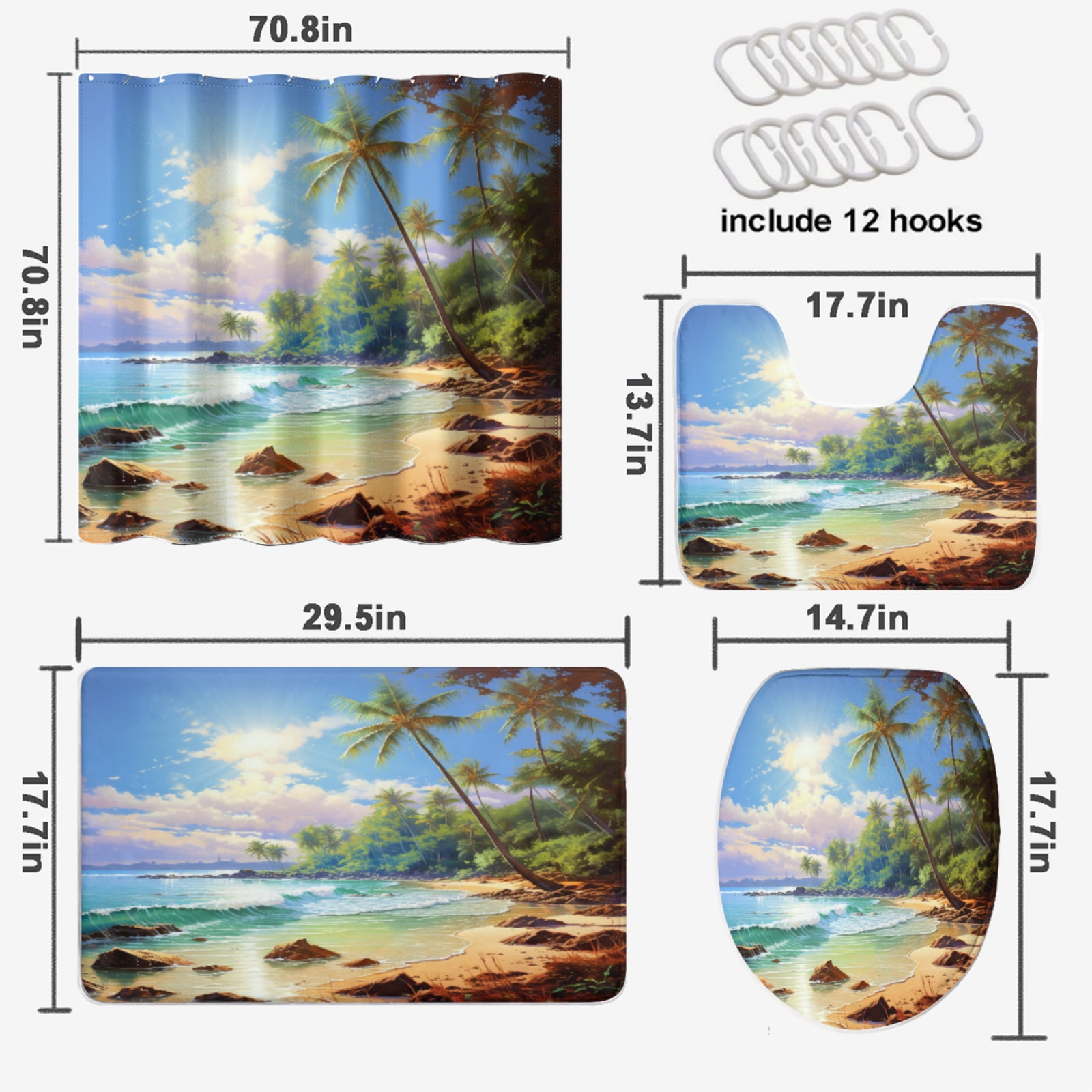 Beach 4 Pieces Shower Curtain Set with Non-Slip Rug Ocean Sunset Scenic Blue Sky Seaside Landscape with Non-Slip Rugs Toilet Lid Cover and Bath Mat Bathroom Decor Set, 72x72 Inch