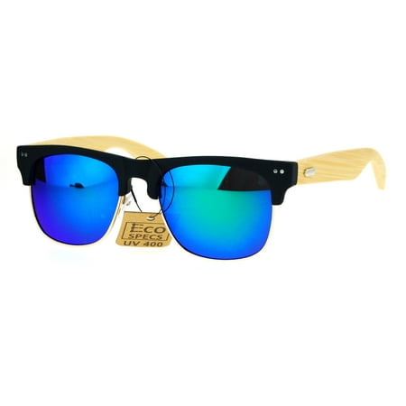 SA106 Real Bamboo Wood Arm Mirror Lens Hipster Half Rim Sunglasses Black Teal