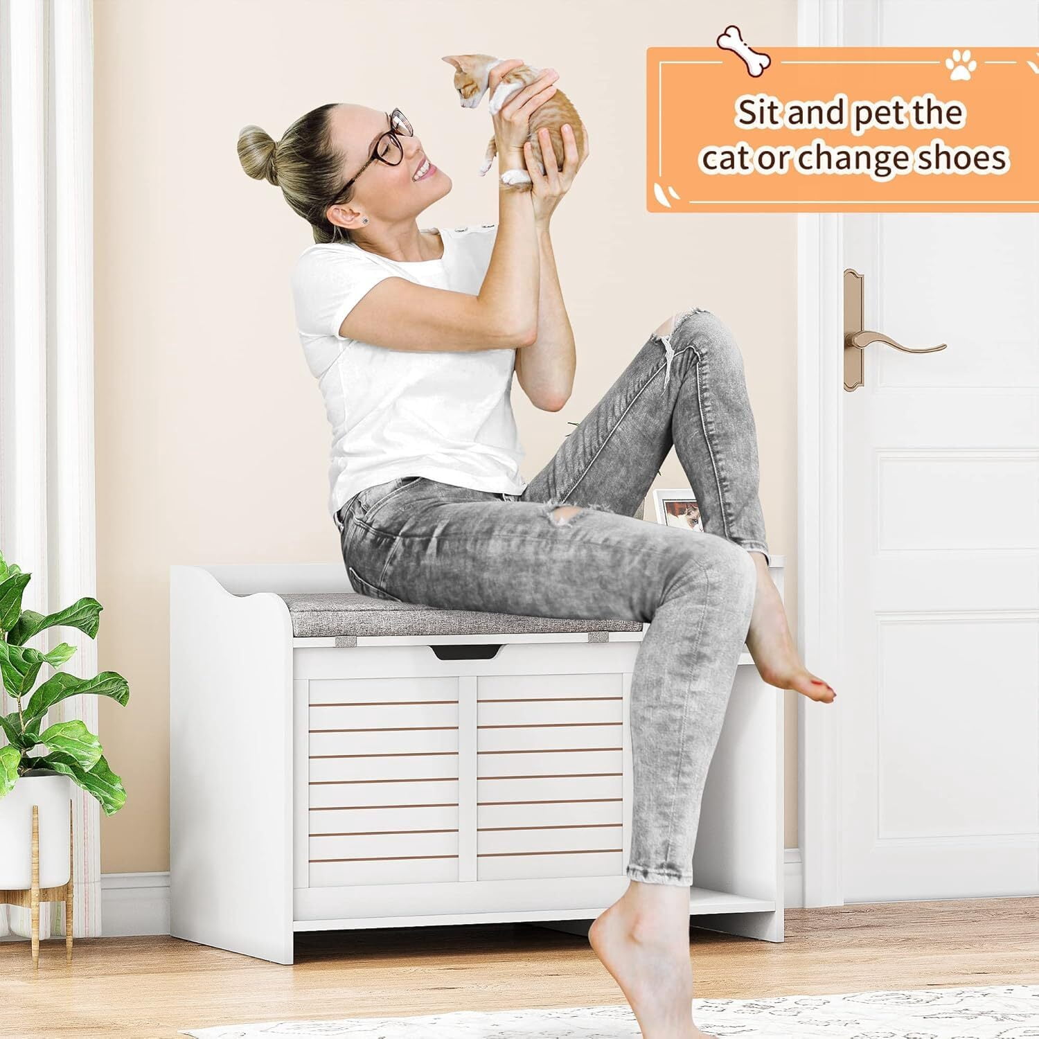 FOLDLIFE Cat Litter Box Enclosure with Top Opening and Cushion, Hidden Cat Litter Box Furniture, Cat Litter Box Cabinet, Cat House, Privacy Wooden Pet Cat Toilet for Kitten,White