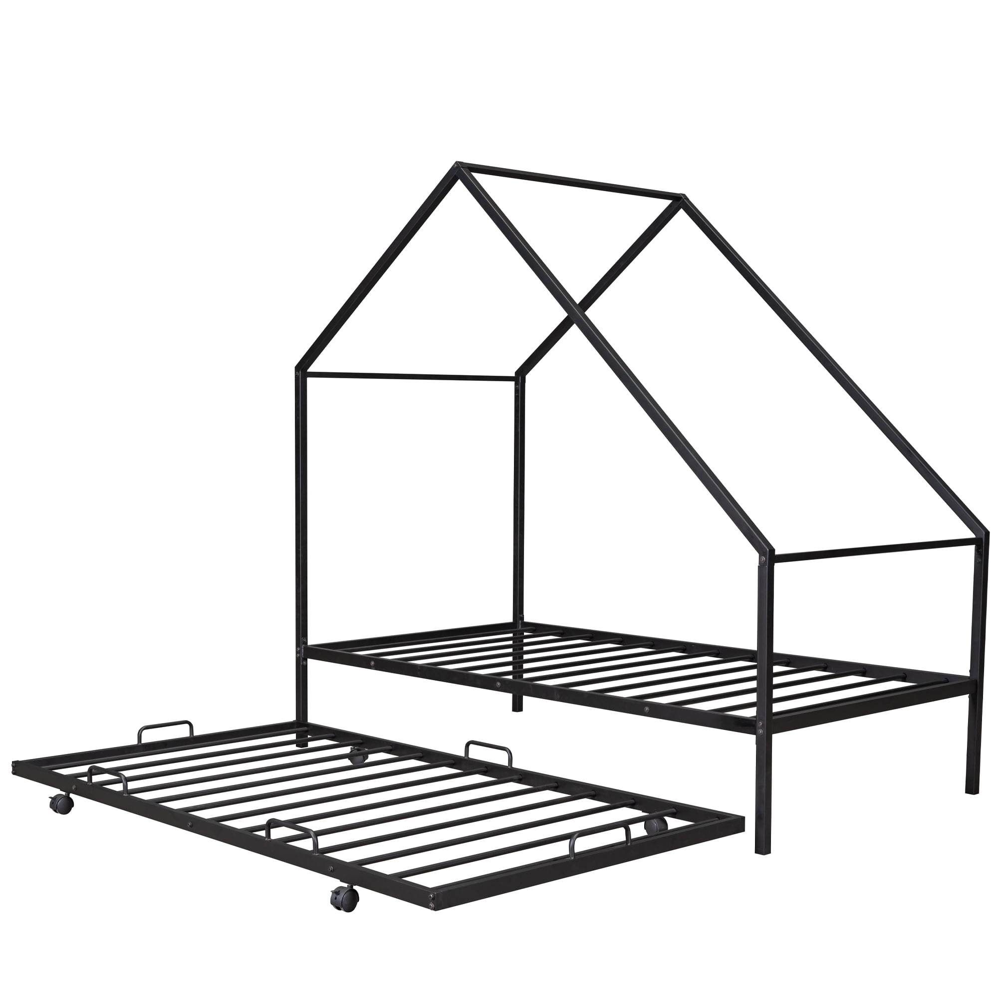 Gewnee Metal House Bed With Trundle,Kids Twin Size House Shaped Platform Bed Frame,Black