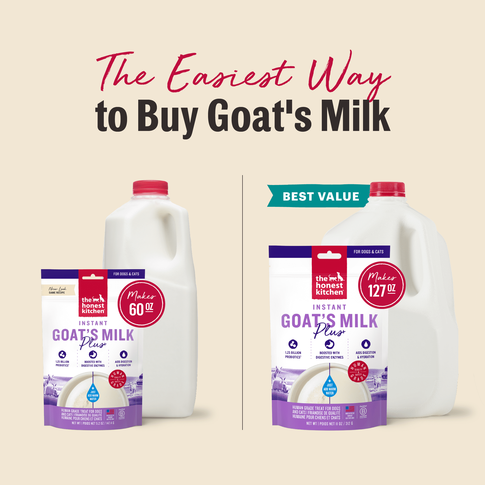 The Honest Kitchen Instant Goat’s Milk with Probiotics for Dogs and Cats, Human Grade Powder Drink Mix, Digestive Health Support, Food Topper or Treat, Just Add Water, 11 oz Pouch Makes 127 oz