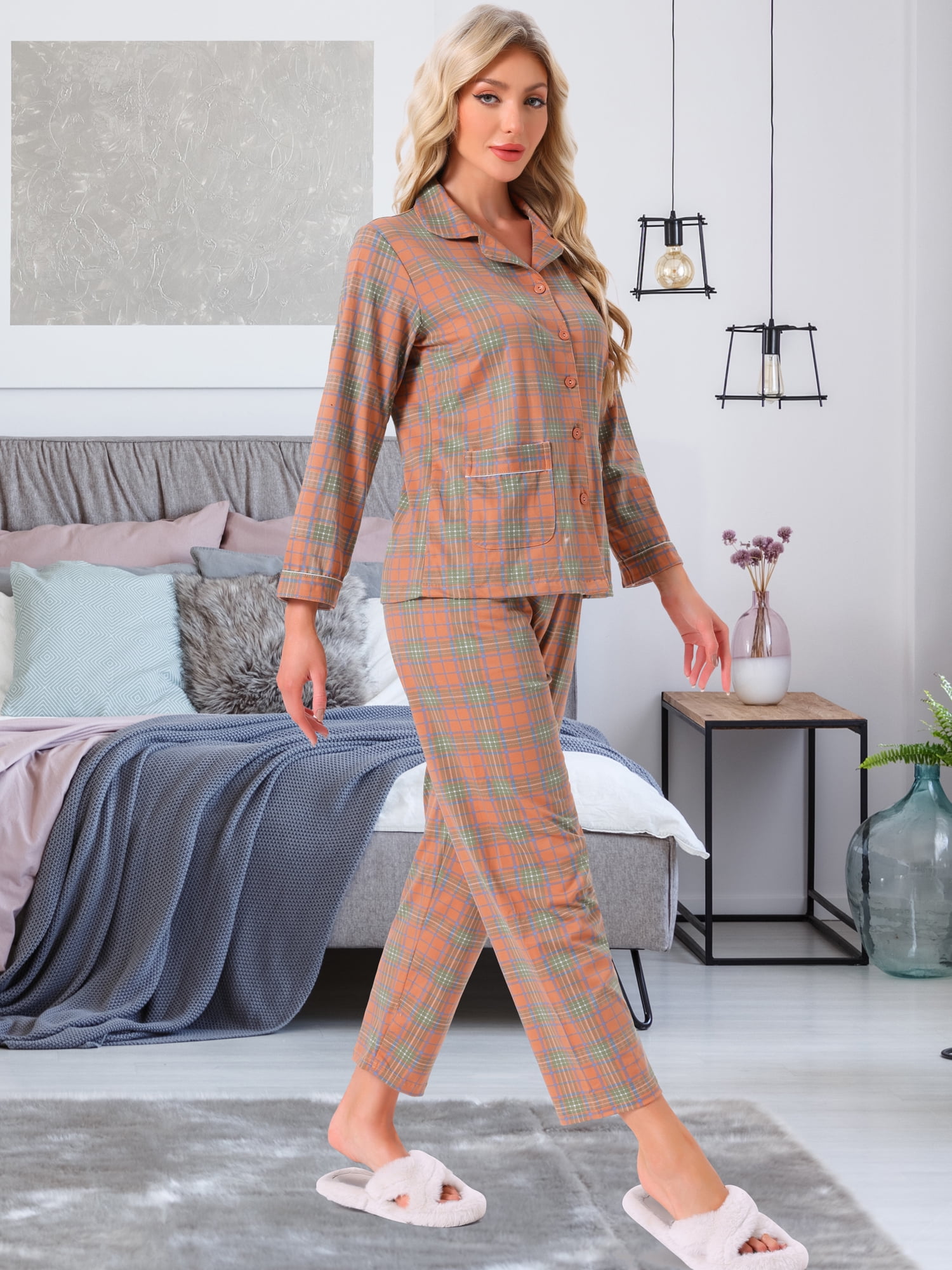 DARING DIVA Women's Plaid Christmas Pajama Sets with Pockets and Pant XS Long Slevee Brown